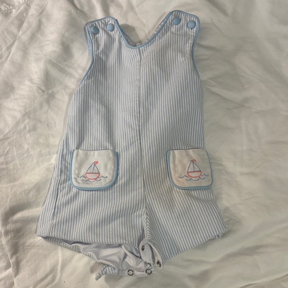 Shrimp and Grits Kids Blue and White Striped Baby Romper